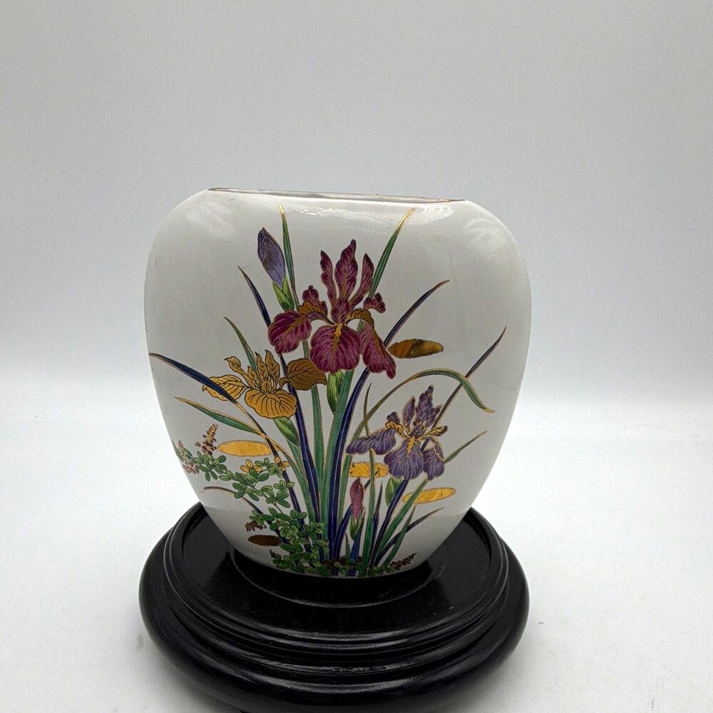 Made in Japan Japanese White Ceramic Vase Iris Floral Design Gold Trim